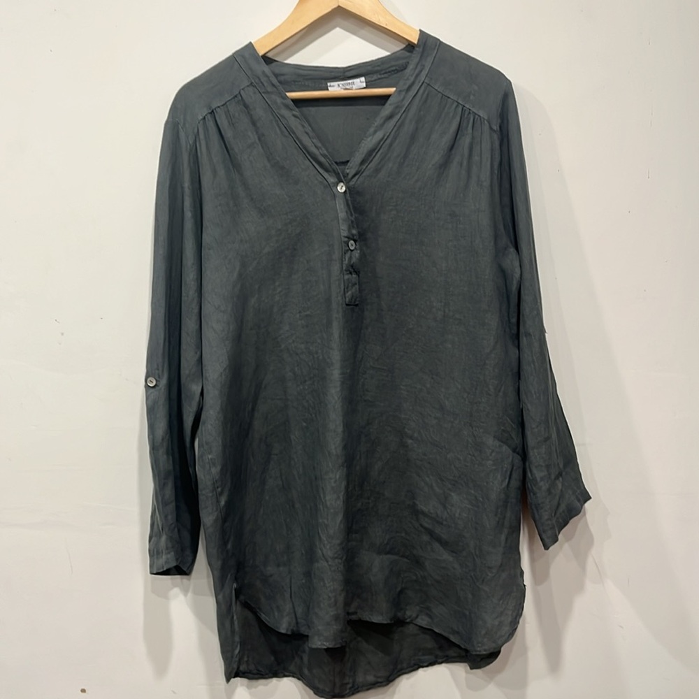 Grey Linen Long V-Neck Henley Tunic / dress long sleeve adjustable L